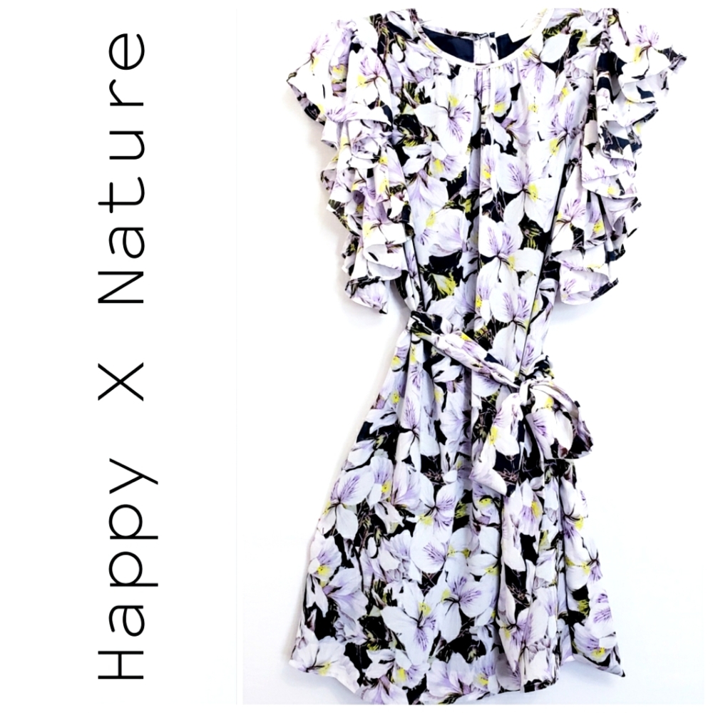 Happy X Nature Orchid Floral Flutter Sleeves Dress  with Pockets